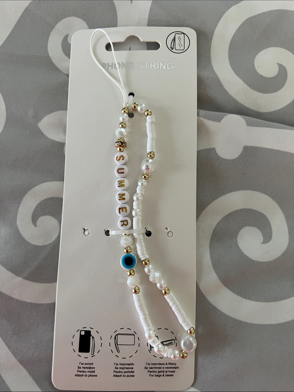 NWT Summer Beaded Phone Strap - White, Gold & Blue Accent
